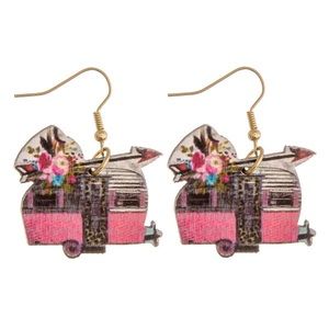 Drop earrings featuring a camper camping